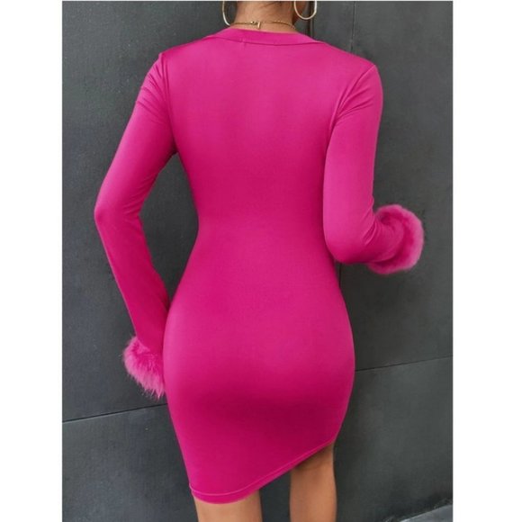pink Scoop Neckline Fuzzy feather Cuff Bodycon Mini Dress - Picture 3 of 7